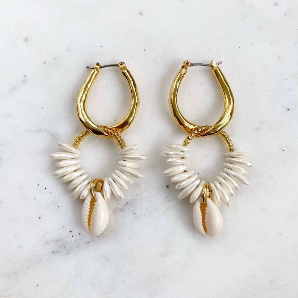 Cowrie Shell & Pearl Hoop Earrings - Picture 2 of 9